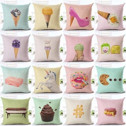 New Cartoon Style Ice Cream Printed Linen Cotton Cushion Cover Decorative Sofa Throw Pillow Car Chair Home Decor Pillow Case