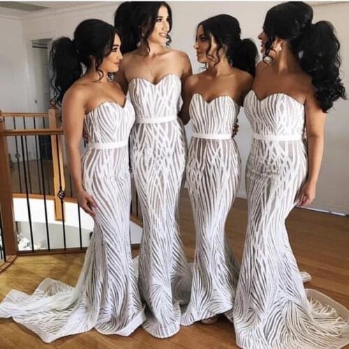 Elegant White Strapless Sequin Maxi Bridesmaid Dress Floor Length Stretch Empire Sleeveless Mermaid Dress for Wedding Party