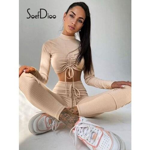 Soefdioo Casual Two Piece Set Women Clothes Long Sleeve Shirring Crop Top Pencil Pants Matching Fall 2021 Fitness Yoga Tracksuit