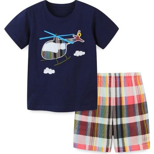 Jumping Meters New Boys Outfits For Summer Aircraft Embroidery Fashion Childrens Clothing Sets Cotton 2 Pcs Suits Baby Sets