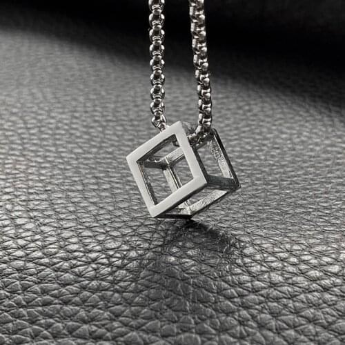 Retro Hollow Black silver Color Square Cube Pendant Stainless Steel Necklace Punk Geometric Collares Mujer Choker for Woman Men