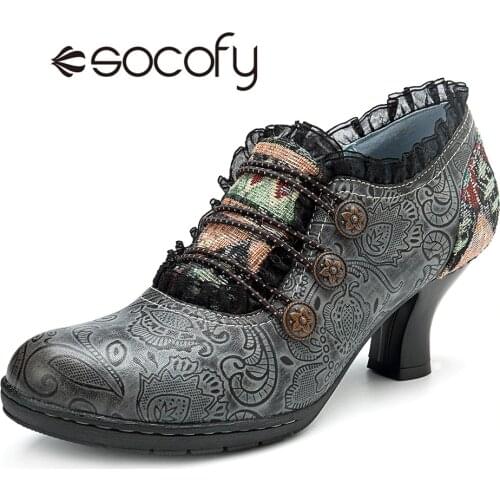 Socofy Vintage Genuine Leather Pumps Women Shoes Retro Bohemian Spring Autumn Zipper Lace Brim Ankle Pumps Ladies Shoes Heels