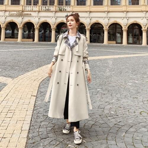 Womens Windbreaker Long Spring Autumn2021 New Korean Loose Lattice Color Matching Lapel Lining Double Breasted Fashion Coat 5J