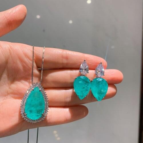 QTT 925 Sterling Silver Jewelry Set Birthday Gift Fashion Earrings Necklace Water Drop Crystal Tourmaline Gemstone Jewelry Set