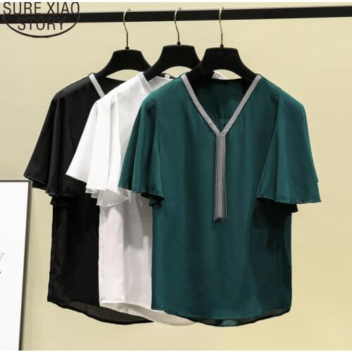 Flare Short Sleeve Chiffon Shirt for Women Women Blouses Summer V-neck Blusas Mujer De Moda 2021 Womens Clothing Tops 9984