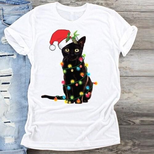 Ladies Female Tshirts Tee T-Shirt Women Cat Pet Funny Holiday Happy Time Merry Christmas Print Clothes Graphic Top T Shirt