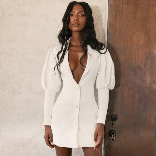 White Button Bubble Sleeve Suit Elegant Jacket Sexy Long Sleeve Slim Vestidos Party Office Female 2019 Fashion WomenS New