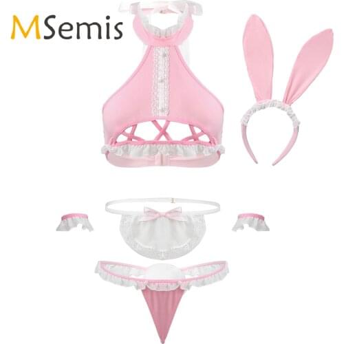 Womens Sexy Bunny Lingerie Set Halter Hollow Out Backless Crop Top with Ruffles G-string Mini Apron Cuffs Rabbit Ears Hairband