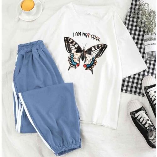Summer Suit Women Fashion Striped Pants Tracksuit Women Sportwear Butterfly Print O Neck T Shirt White 2 Peice Outfits Korean