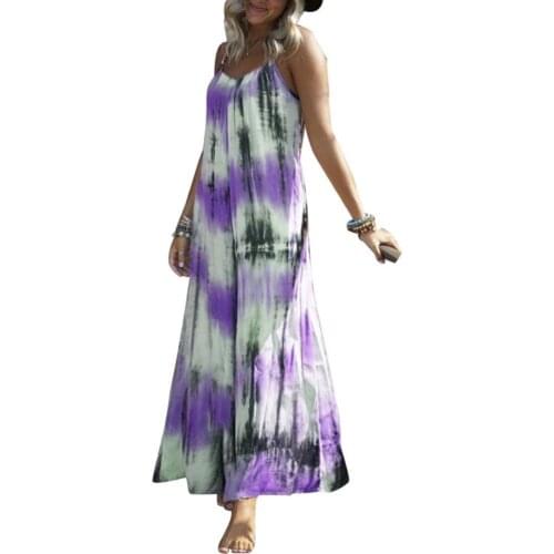Women Stylish Loose Smock Dress V Neck Spaghetti Straps Tie Dye Sleeveless Large Hem Beach Long Sling Ladies Dresses