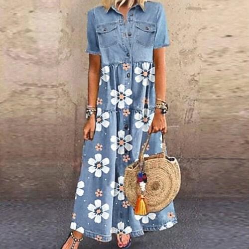 Elegant Denim Floral Print Dress Women Turn-down Collar Button Shirt Dress Short Sleeve A-Line Party Dress Plus Size 5XL Vestido
