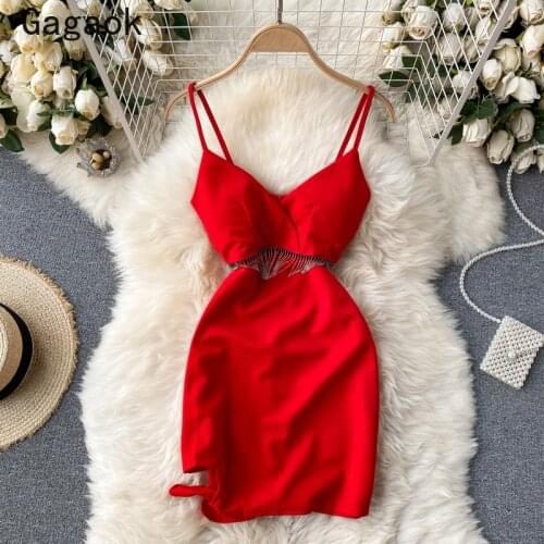 Gagaok Women Bodycon Dress 2021 Spring Autumn New V-Neck Spaghetti Strap Sheath Tassel Solid Mini Dress Slim Sexy Wild Vestidos