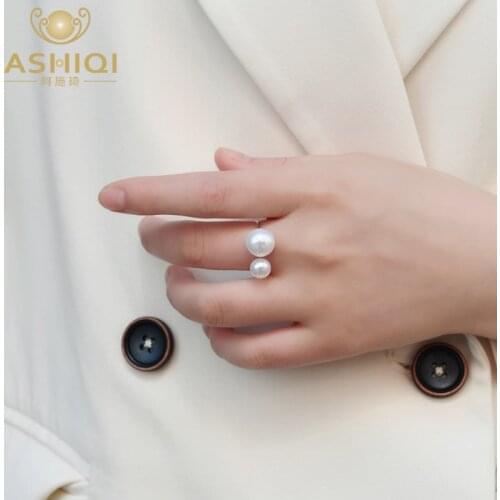 ASHIQI Natural freshwater pearl double pearl 925 Sterling Silver Open Adjustable Finger ring korean for women 2020 trendy