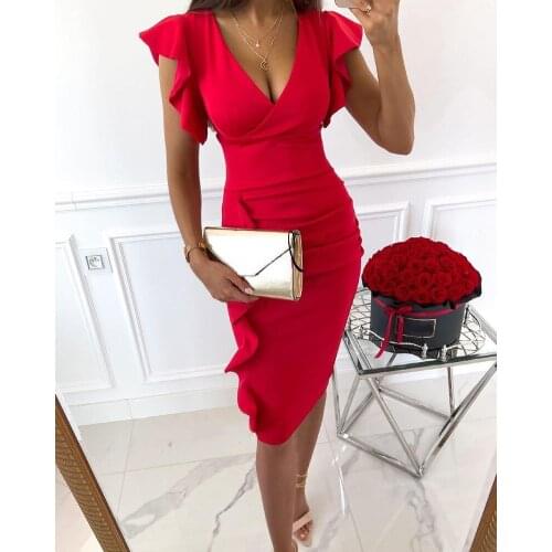 Thorn Tree Sexy V-Neck Slim Office Lady Dress Ruffles Short Sleeve Bodycon Elegant Women Casual Summer Knee-length Pencil Dress