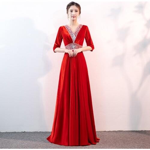 Evening Dress Crystal Empire Half Sleeves V-Neck Pleat A-Line Zipper Back Fashion Floor-Length Woman Formal Party Gowns A1326
