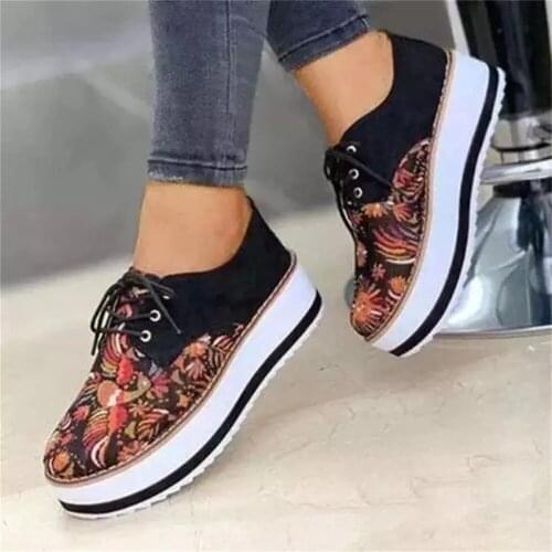 2021 Women Platform Shoes Vintage Floral Printed Loafers Patchwork Lace Up Ladies Vulcanized Shoes Party Wedding Shoes for Women