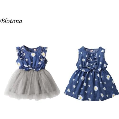 Blotona Fashion Kids Daisy Print Denim Dress with Bow-knot, Girls Sleeveless O-neck High Waist Sundress with Ruffles, 1-6Years