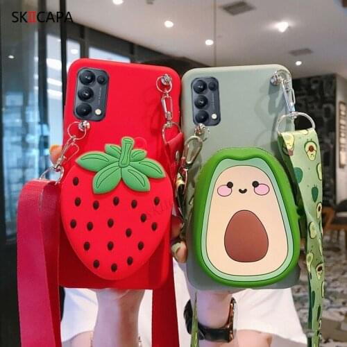 Cartoon 3D Fruit Zipper Wallet Phone Case For OPPO Reno 5 4 Pro 4 SE A53 2020 Realme X7 F17 Pro C17 Q2 C12 V5 K7X Lanyard Cover