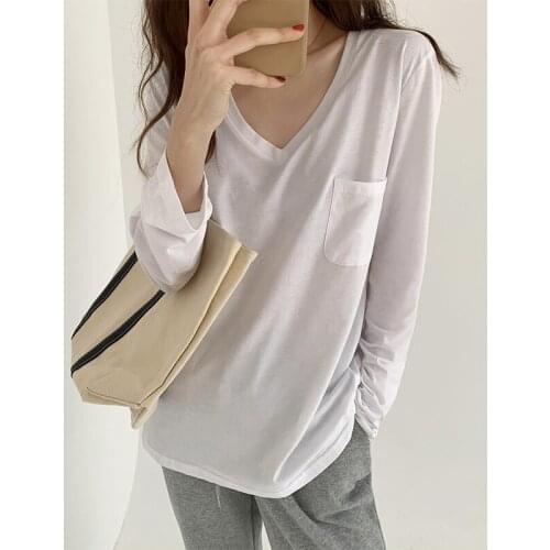 New Arrival Korean Style Basic V-neck Long Sleeve Women T-shirts Casual Cotton Pocket Loose Female Tops White Ladies Fashion Tee