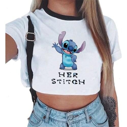 LILO STITCH Print Tshirt Women Ladies Short Sleeve O-collar Pullover Vest Tank Crop Tops Gothic Female T-Shirt Kawaii Cartoon