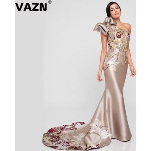 VAZN 2020 Hot Heavy Industry Embroidery High-end Sexy Club One Off Shoulder Full Sleeve Women High Waist Mermaid Maxi Dress