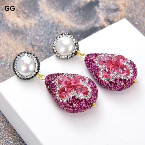 GuaiGuai Jewelry 2.2" Red Crystal Rose CZ Natural White Pearl Earrings