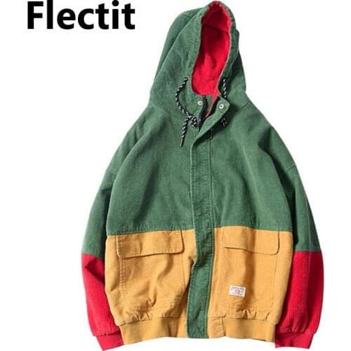 Flectit Hooded Bomber Jacket For Women Color Block Corduroy Oversize Reki Hoodie Spring Autumn Female Outerwear Coat