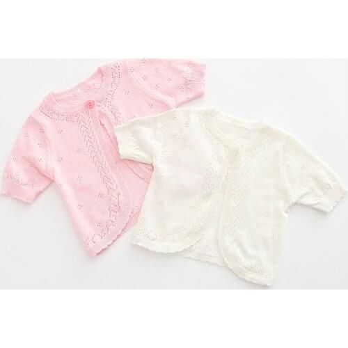 Girls Short-sleeved Shawl Summer Childrens Baby Thin Cotton Knitted Cardigan Kids Hollow Coat Top Soft Cotton Baby Sweaters
