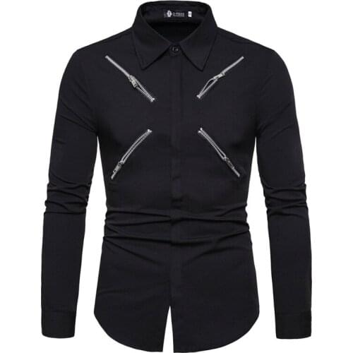 Mens Shirt Long Sleeve Turn Down Collar Solid Color Cardigan Shirt with Zipper Design Casual Single-Breasted Slim Tops