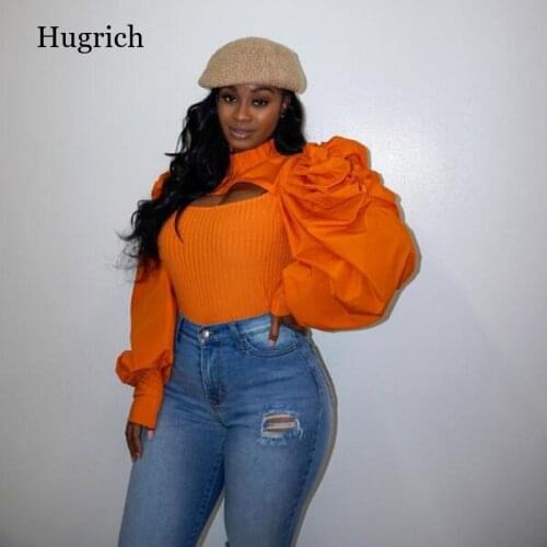 Neon Orange Ribbed Hollow Front Slim Fit T Shirts Women Autumn Turtlenecl Stacked Puff Sleeve Top Elegant Female Bandage Tees