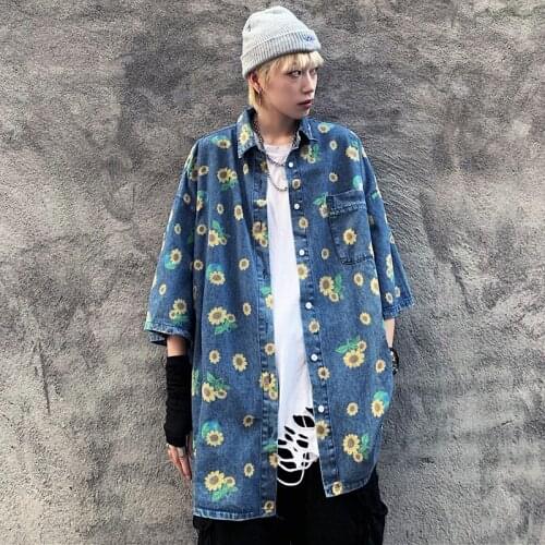 New Summer Shirt Women Streetwear Denim Shirt Vintage Loose Short Sleeve Blouse Harajuku Daisy Print Shirt Fashion Man Shirt