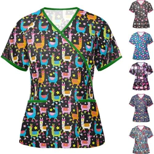 S-XXXL Women Fashion Short Sleeve Neck Tops Working Uniform Blouse Shirt nurse accessories Cute warm animal print Cartoons F4