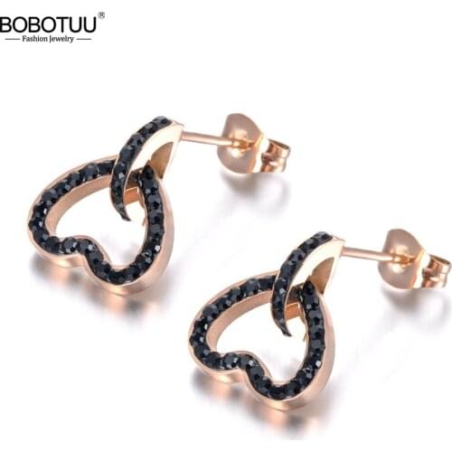 BOBOTUU Trendy Stainless Steel Mosaic CZ Crystal Heart Wedding Earrings For Women Rose Gold Ear Jewelry Engagement Gift BE19071