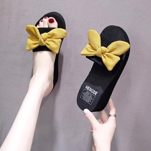 Cute Bow-knot Women Slippers Summer Indoor and Outdoor Two-wear Wedge Heel Comfortable Womens Sandals Beach Women Shoes