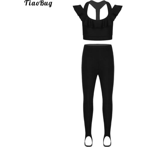 TiaoBug Kids Girls Dance Yoga Sets U Neck Ruffled Straps Open Back Sports Tops With Stirrup Pantyhose Stockings Leggings Tights