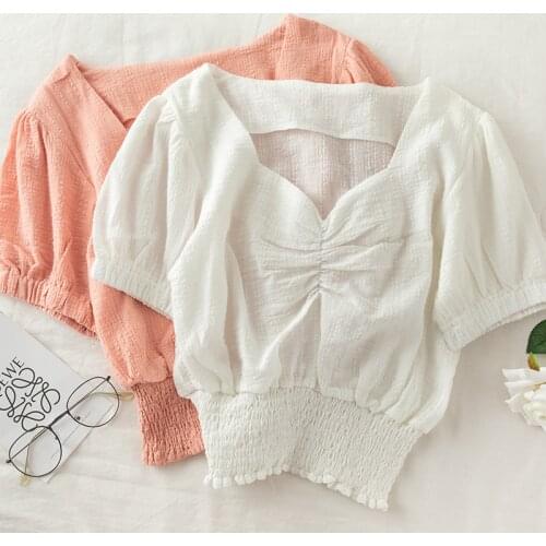 2020 Women Summer V-neck Puff Sleeve Cotton linen Basic Ruffles Shirt Casual Lady Short Elastic Slim Waist Pullover Blouse Tops