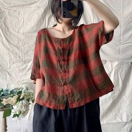 Women Shirt 2021 Summer Retro Casual Loose Tops New Blouse O-Neck Button Striped Short Sleeve Vintage Ladies Tops