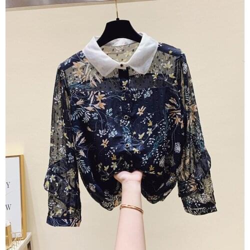 New 2021 Women Spring Autumn Chiffon Printing Loose Long Sleeve Lace Tops Shirts Female Turn Down Collar Patchwork Blouses T38