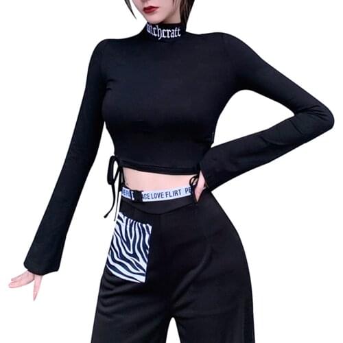 Women Sexy Letter Embroidered T-shirt Adults Flare Sleeve High Collar Lace UP Crop Top Slim Fit Tops Party Streetwear Black