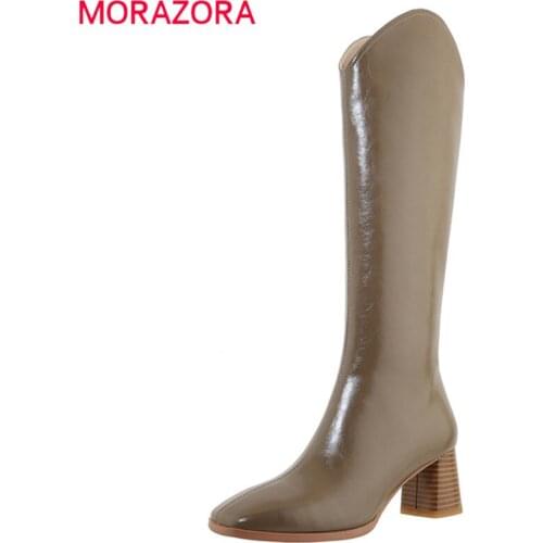 MORAZORA 2021 New Arrival Knee High Boots Thick Heels Suqare Toe Winter Boots Top Quality Solid Color Women Boots Rice White