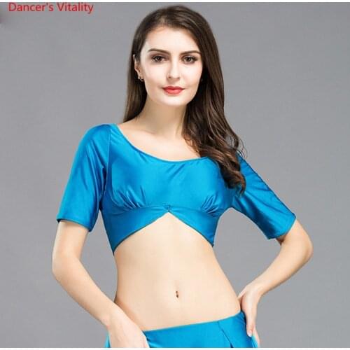 2018 New Belly Dance Top Spandex Half Sleeves Tees Round Neck Jacket 6 Colors Purple Blue Black White Red
