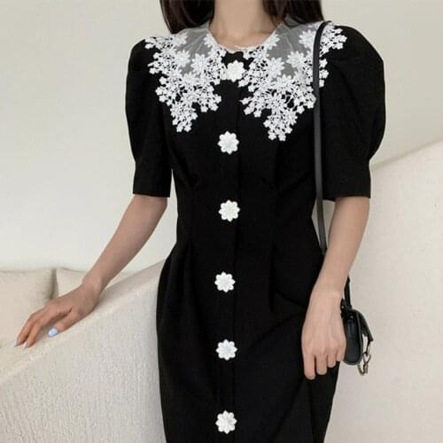 Women One-piece Dress Korean 2021SPring and Autumn Hepburn Temperament Dresses Snowflake Button Black Vestidos