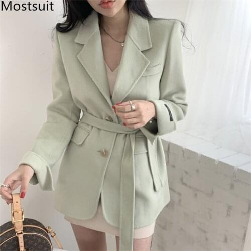 Korean Elegant Wool&blend Coat Jacket Women 2020 Winter Long Sleeve Single-breasted Belted Blazer Fashion Office Ladies Overcoat