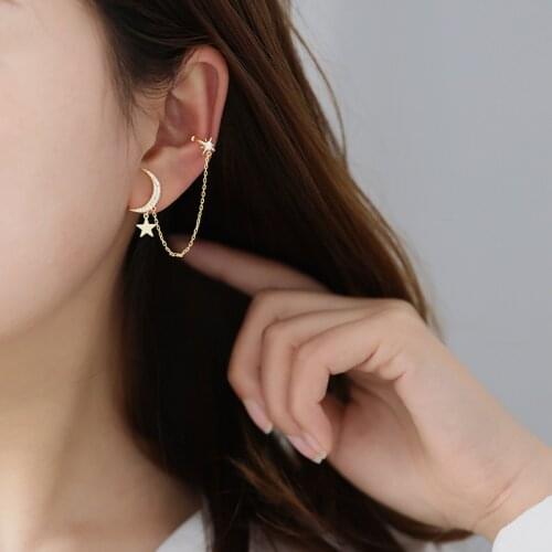 1 PC Ear Clip Long Chain Earrings for Women 2020 Zircon Ear Cuff Earring Ear Line Fashion Jewelry Gift Moon Star Rhinestone Stud