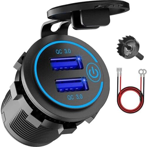 12V USB Outlet, Dual QC 3.0 USB Car Charger with Switch, 36W USB Waterproof Power Outlet Charger(with 1.1Inch Puncher)