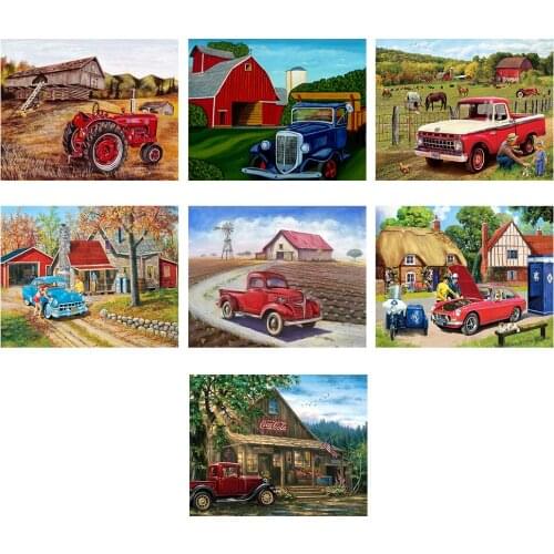 DIY 5D Mosaic Full Drill Round Shape Diamond Village Car Resin Painting Kit Rhinestone Drawing Home Art Craft Bedroom Decor