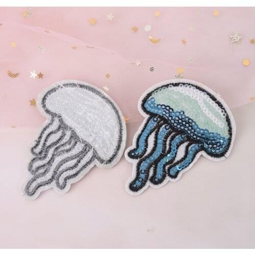 2pcs Sequins Blue Jellyfish Dolphin Patch For Clothing DIY Accessories Fabric Badges Stickers Iron On Embroidered Appliques