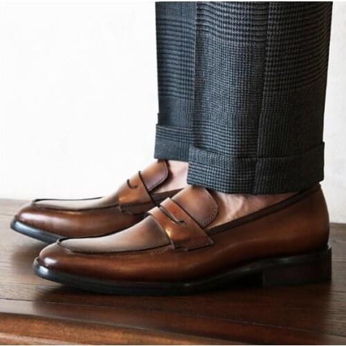 Italian Style Handmade Formal Suit Dress Shoes Slip on Loafers Genuine Leather Mens Wedding Dress Shoes