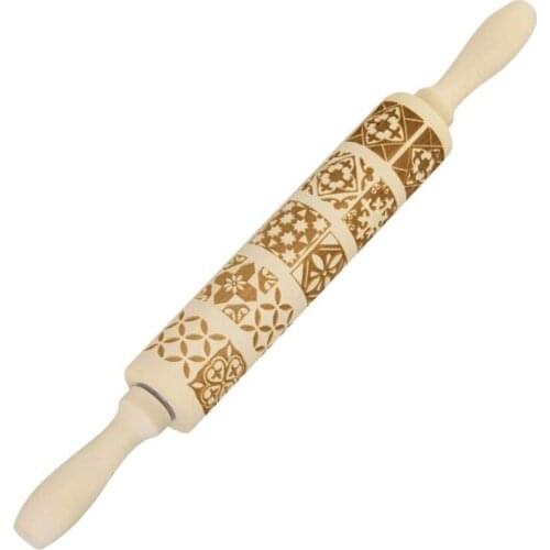 Wooden Rolling Pins with Flower Embossing, Wood Rolling Pin for Christmas Baking Cookies