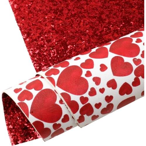 Double Sided Faux Leather Sheets Chunky Glitter Heart Love Printed Synthetic Leather Fabric 20x33cm for DIY Earrings Hair Bow